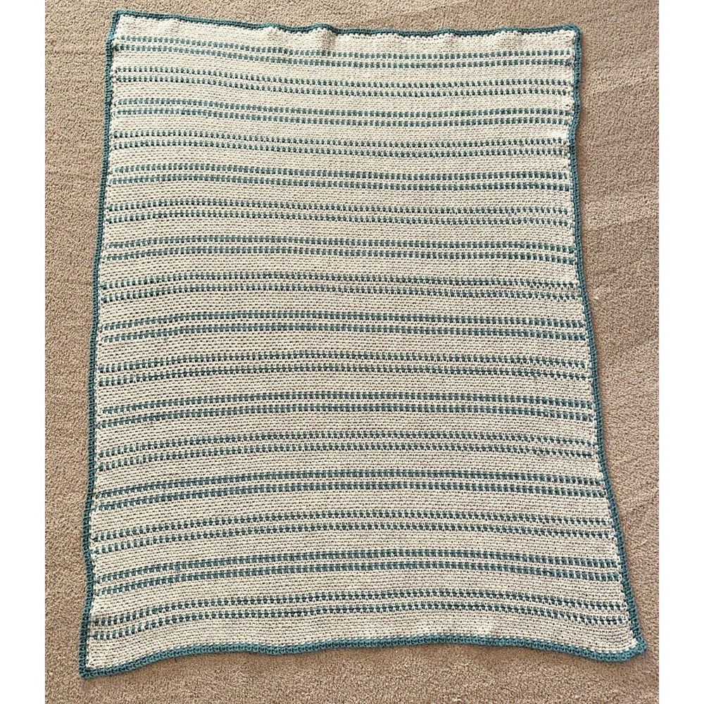 NEW Handmade Crochet Afghan Blanket Throw Striped Blue/Cream 53"x40"‎